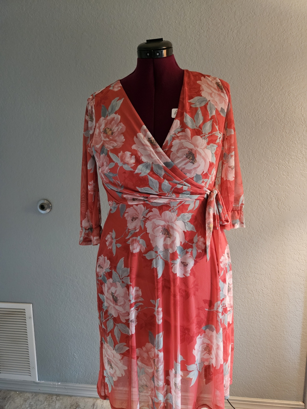 Coral Floral Wrap Dress with Pink & Sage Accents
